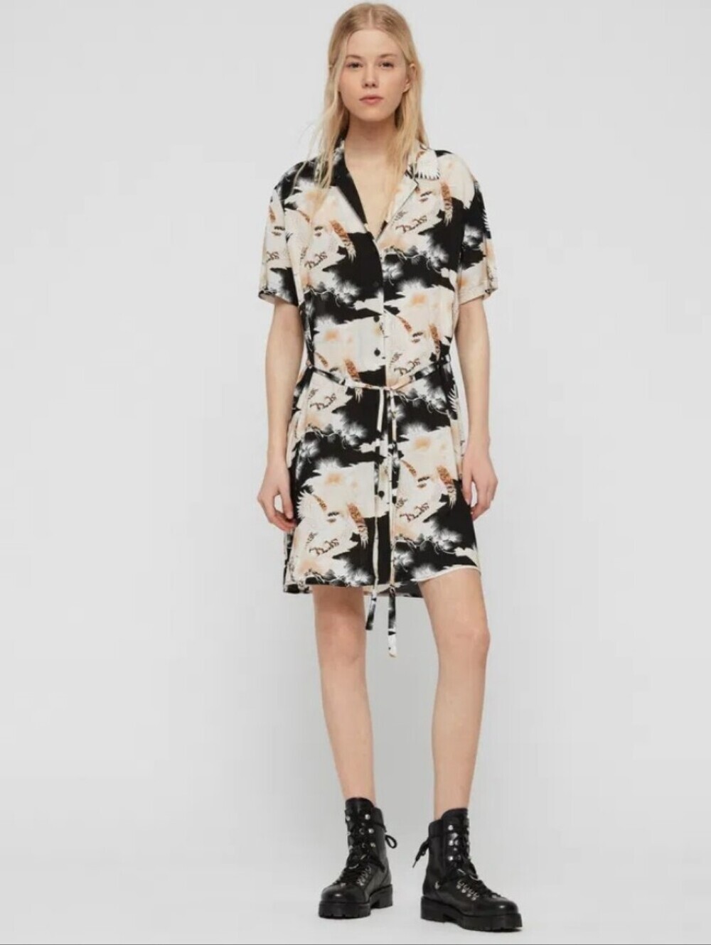 All Saints Short Sleeve Button Down Shirt Micro Mini Dress. NO BELT. Birds.M
